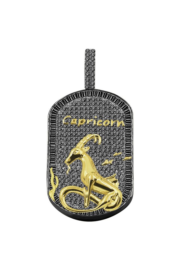 Custom Baguette Icy Designer Zodiac Sign Pendent 2 Tone Black Gold Finish Capricorn Horse Astrology Simulated Diamond Tog Tag Charm