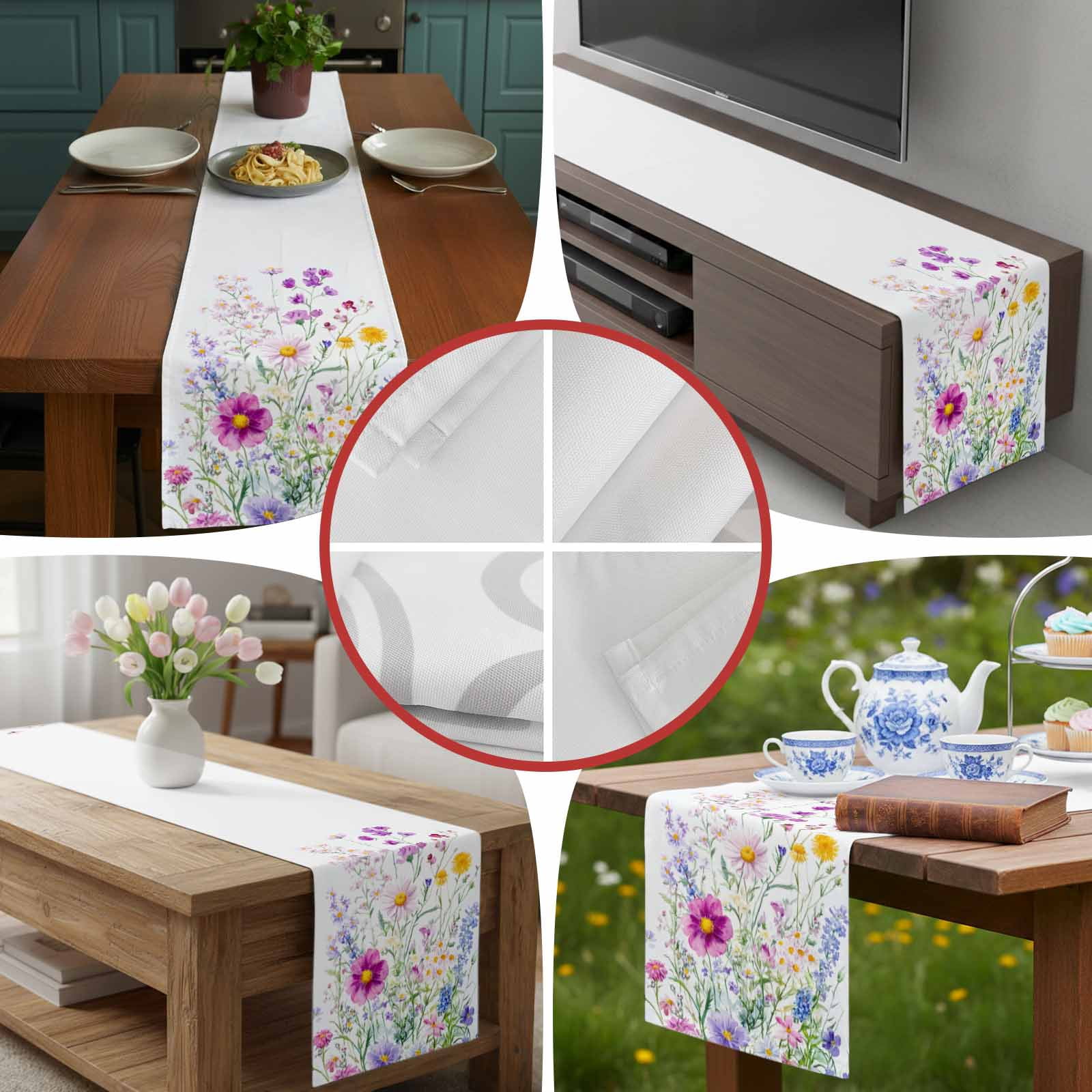 Flowers Spring Table Runner 90 Inches Long, Pastoral Pink Purple Floral Lavender Daisy Table Runners Tabletop Scarf Kitchen Dining Tables Decoration for Home Party Indoor Outdoor