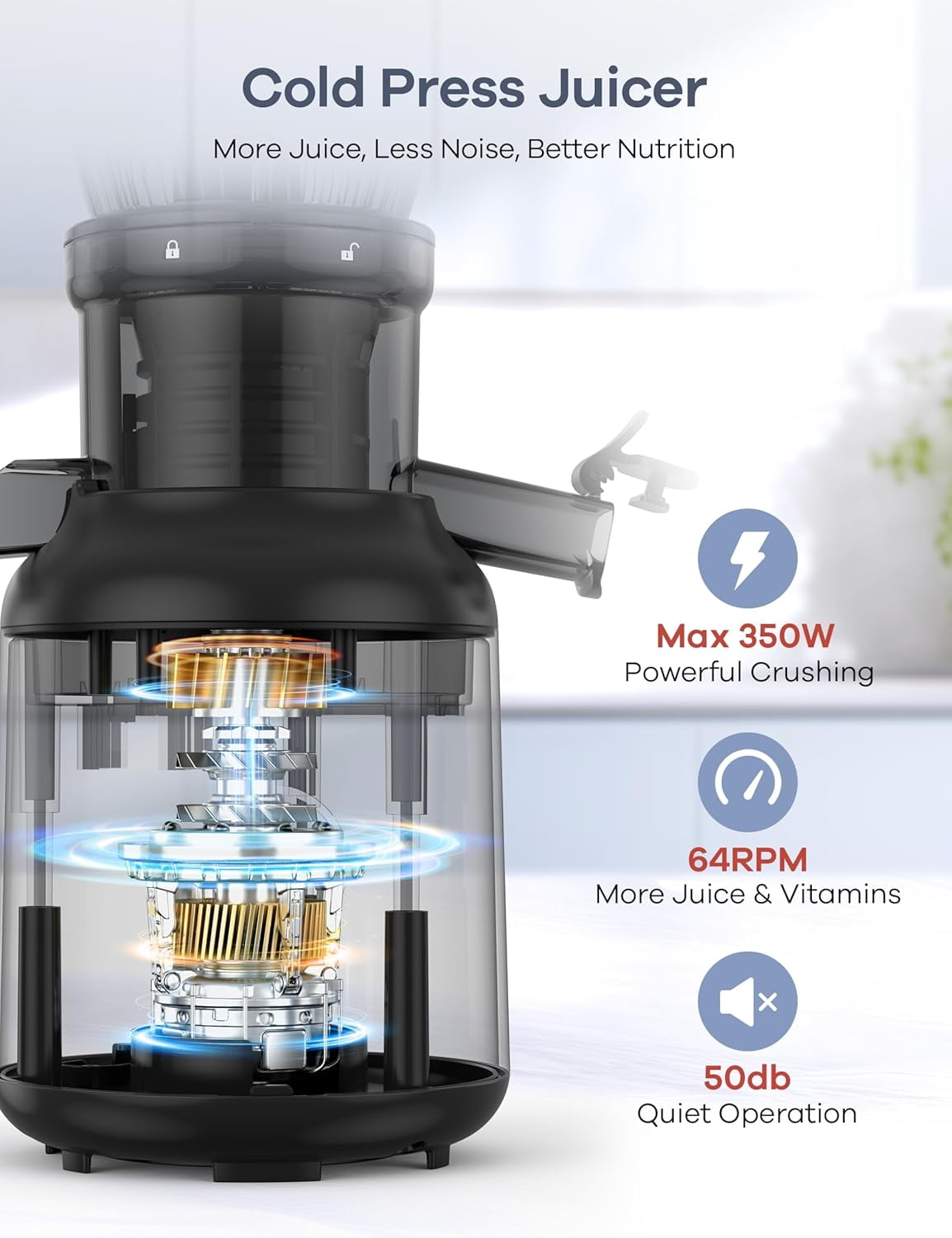 Cold Press Juicer 4.3 Inch Compact Masticating  with 3 Filters One-Touch Quiet Operation  Silver