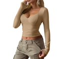 thumbnail image 3 of Camisetas de Larga con Cuello en V para Mujer, Top Corto con Doble Forro y Copa con Costura, Tops para Salir Color Camello M, 3 of 6