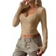 thumbnail image 3 of Camisetas de Larga con Cuello en V para Mujer, Top Corto con Doble Forro y Copa con Costura, Tops para Salir Color Camello L, 3 of 6