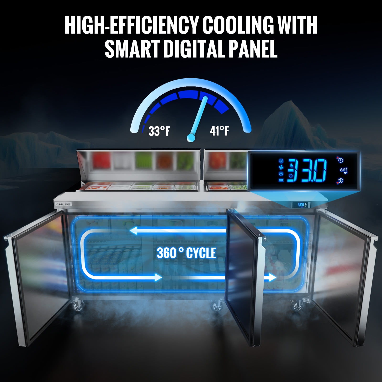 Coolake 72.7''W Commercial Salad Sandwich Prep Table Refrigerator, 3 Door Stainless Steel 22 Cu.ft Counter Fan Cooling Refrigerator