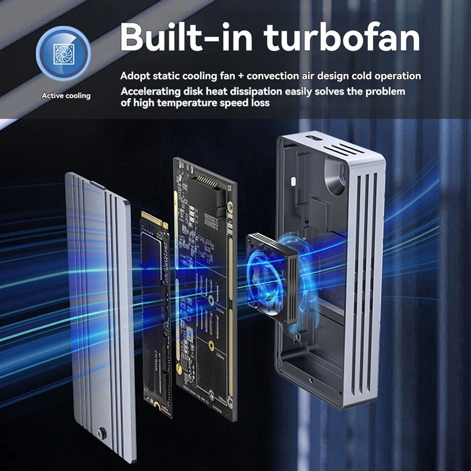 40Gbps NVMe SSD Enclosure M.2 to USB Adapter with Built-in Cooling Fan Aluminum Case Supports 2242/2260/2280 Sizes