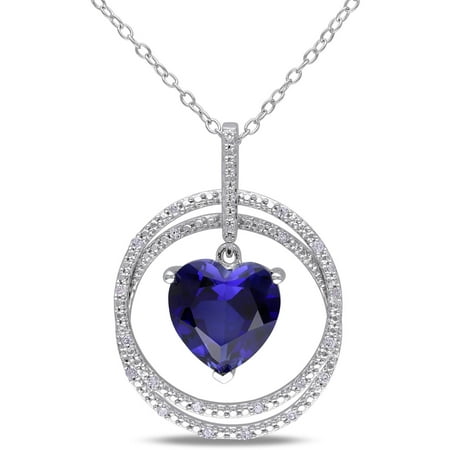 4-1/2 Carat T.G.W. Created Blue Sapphire and Diamond Accent Sterling Silver Heart Double Circle Pendant, 18