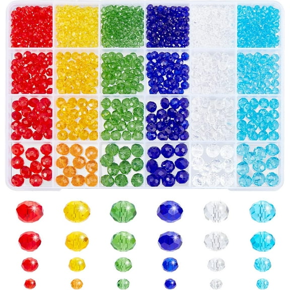 PH 1140pcs Faceted Glass Beads 24 Styles Briolette Beads Rondelle Beads Colorful Loose Beads for Summer Bracelets Necklace Keychain Jewelry Making 3mm/5mm/6mm/8mm Multi-color