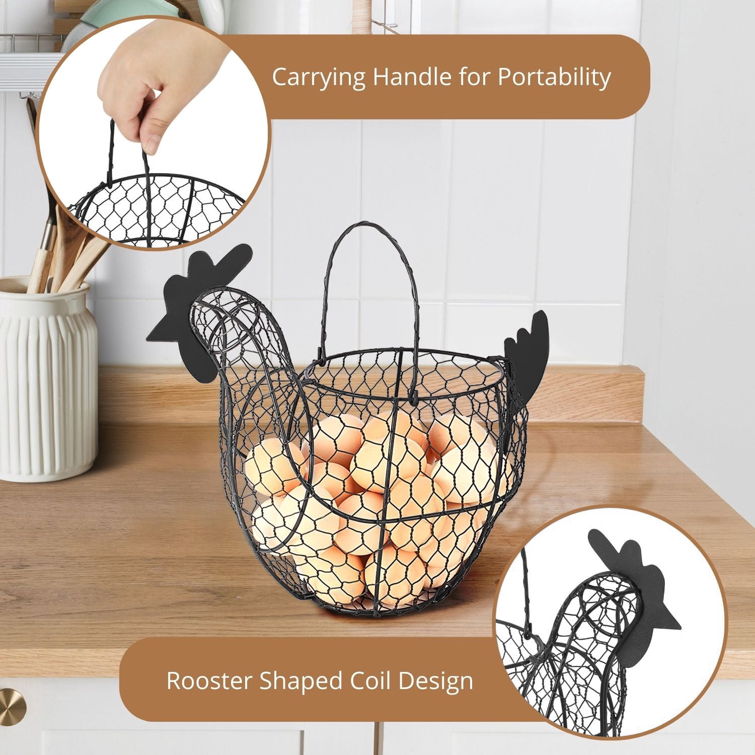 Chicken Egg Basket, Egg Storage Holder with Handle for Eggs, Fruits, Vegetables, Metal Wire Mesh Chicken Decor for Kitchen Table Countertop, Farmhouse Rustic Style, Brown