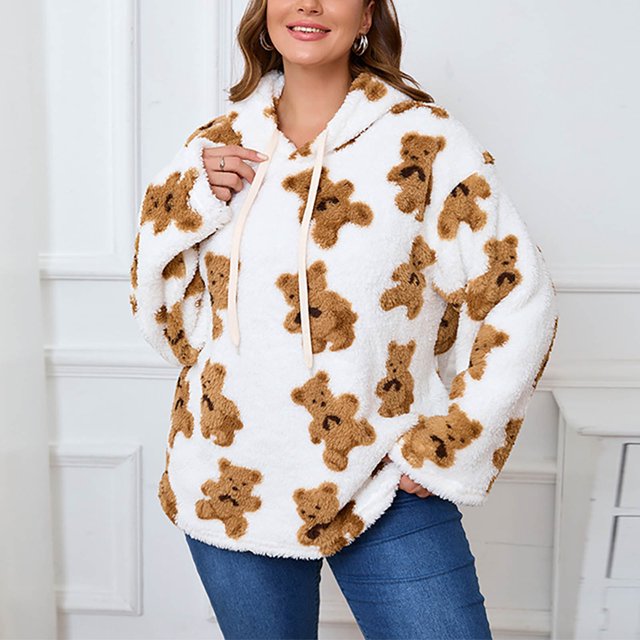 Sudadera con capucha y manga larga para mujer, informal, con estampado de oso, polar, cálida, con capucha y manga larga, blusa de poliéster.