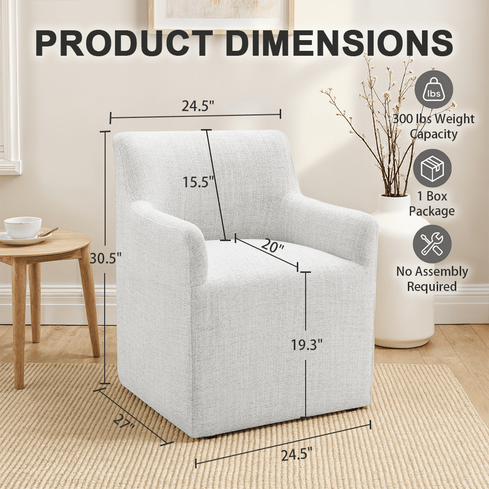 Aenkyo Upholstered Dining Arm Chair with Casters, Barrel Back Rolling Accent Chair, White