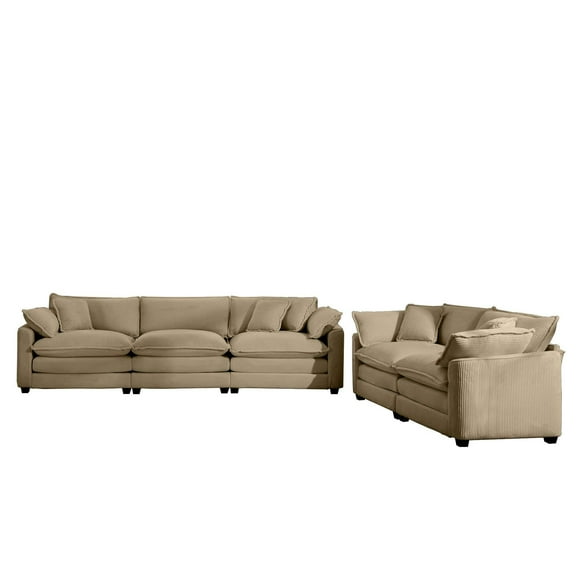 Modern Fabric Living Room Sofa Set, Two 2-Seater Recliner Sofas, Tan Corduroy Upholstery
