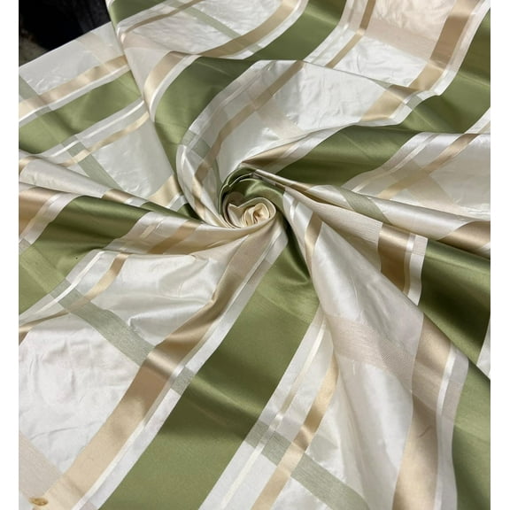 Beautiful green and white stripe, silk shantung fabric, Sold by the yard.