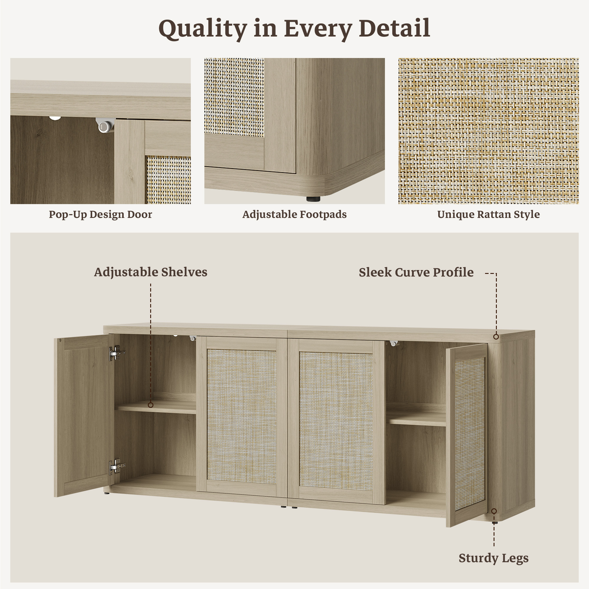 SICOTAS 64" Boho TV Stand Cabinet for TVs up to 75", Rattan TV Media Console Table with 4 Doors & 2 Adjustable Shelves, Large Curved Farmhouse Tall Entertainment Center for Living Room, Light Oak