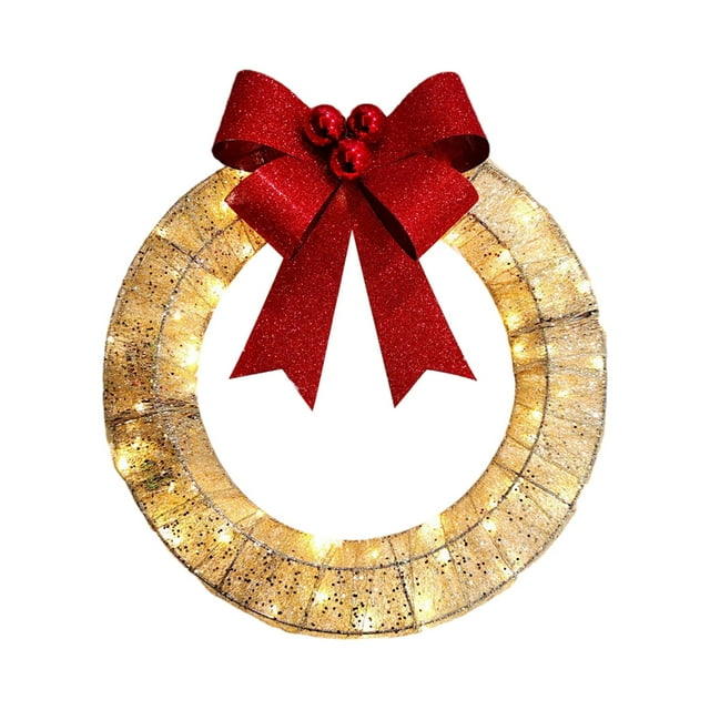 Corona navideña, coronas de flores, adornos, corona de luz cálida, corona de puerta de entrada para exteriores, hogar, ventana, sala de estar, balcón oro 40cm
