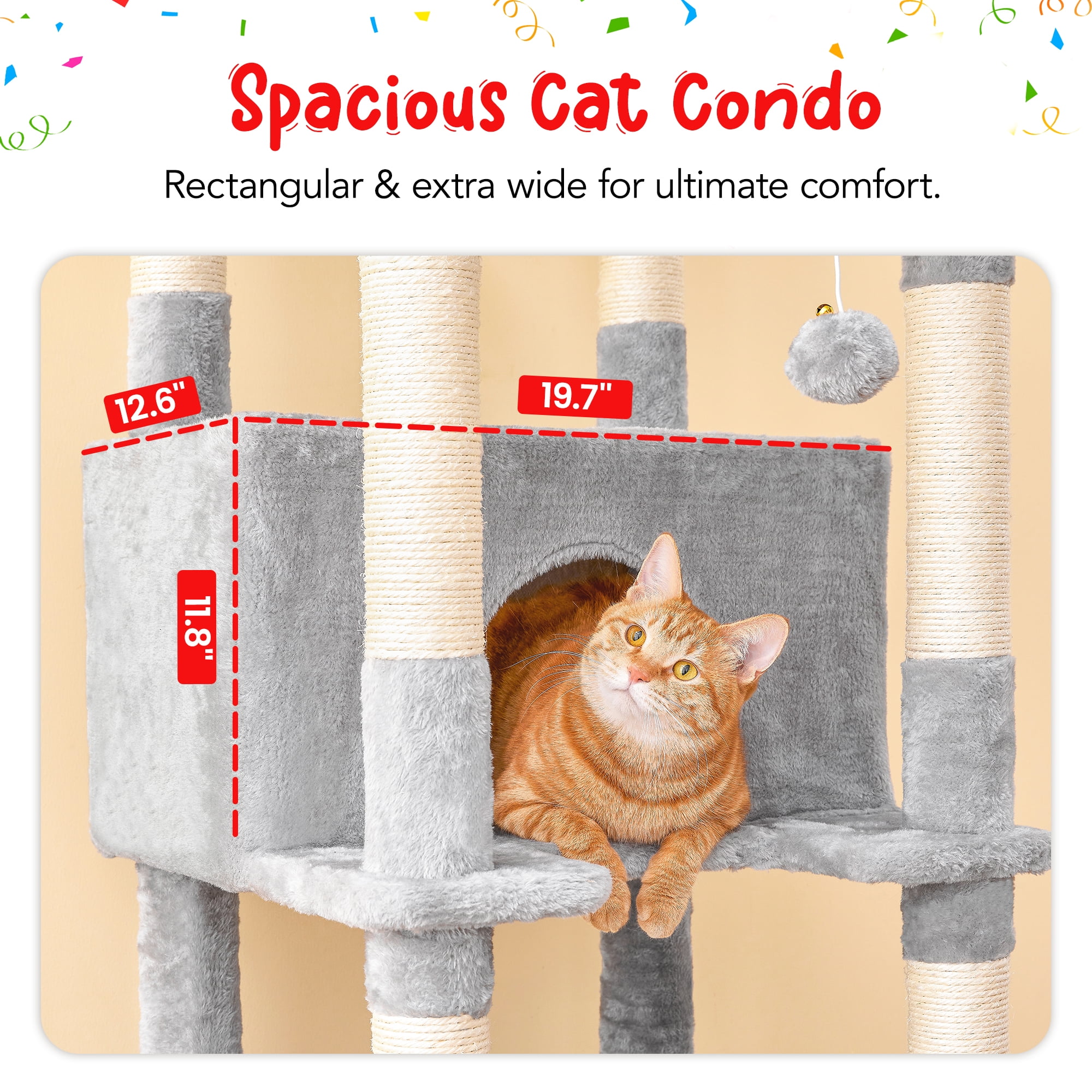 Furcato 77-Inch Cat Tree for Indoor Cats, Multi-Level Large Cat Tower with 4 Hammocks, 2 Padded Perches, Large Cat Condo, Light Gray