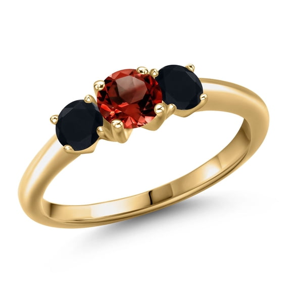 Gem Stone King 18K Yellow Gold Plated Silver Red Garnet and Black Onyx Engagement Ring for Women | 0.99 Cttw | Round 5MM | Gemstone January Birthstone | Size 9