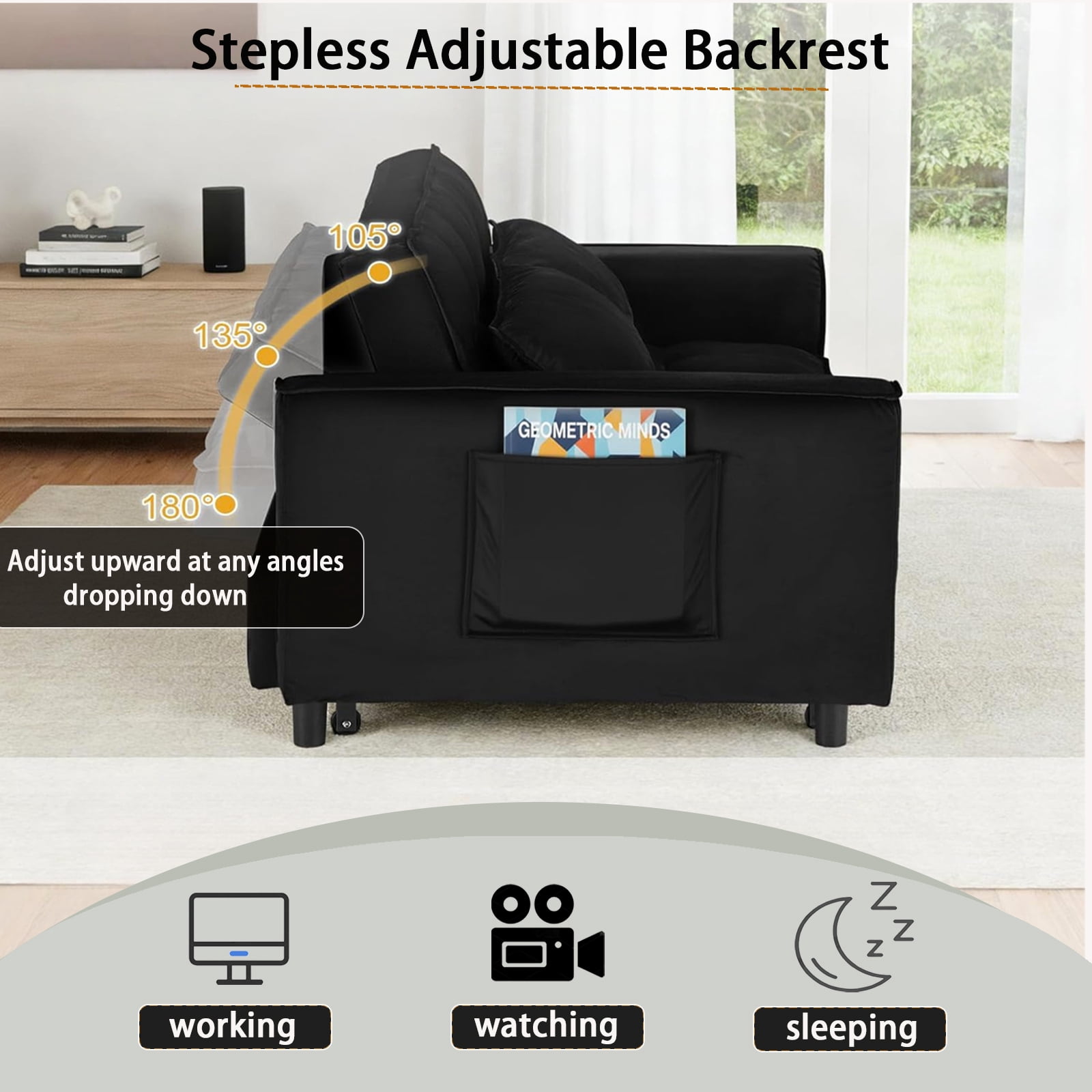 EPOWP 3 in 1 Folding Convertible Sofa Bed,55'' Pull Out Couch Bed with Side Pocket,Velvet Fabric Loveseat Sleeper Sofa with Adjustable Backrest,Easy Assembly,Perfect for Living Room,Black