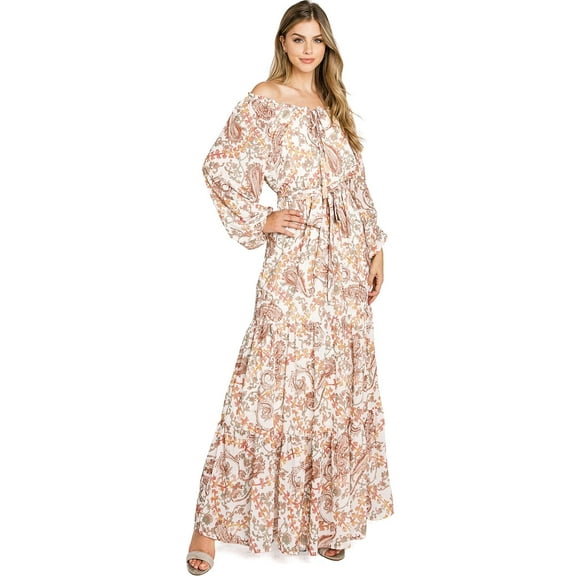 Flying Tomato Women's Floral Off Shoulder Maxi Dress (S, Ivory)