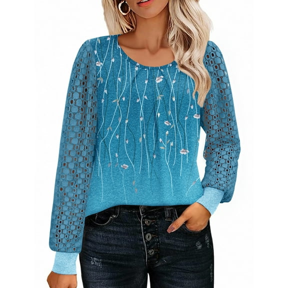 Weardear Women's Lace Long Sleeve Tops Crew Neck Pleated Tunic Top Business Work Dressy Blouses