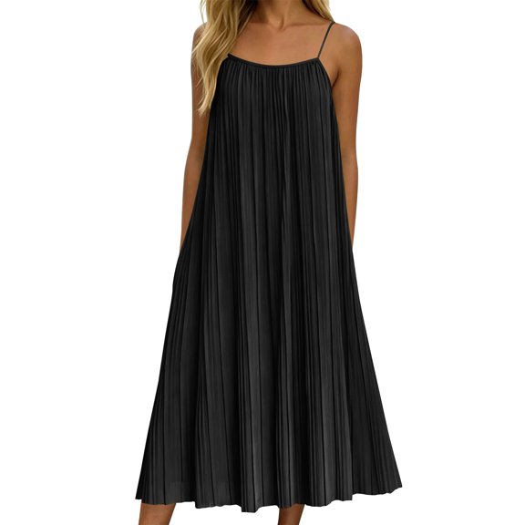 Ygbgbb Women's Spaghetti Strap Pleated Maxi Dress, Flowy Sundress, Pleated Design Lightweight Dress for Beach & Vacation Black XXL