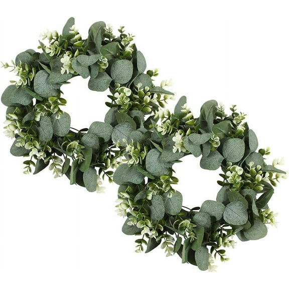 2PCS Artificial Eucalyptus Wreath, 11" Faux Green Leaves Wreath Farmhouse Greenery Wreath, Round Eucalyptus Wreath Outdoor Green Garland for Front Door Wall Hanging Window Decor