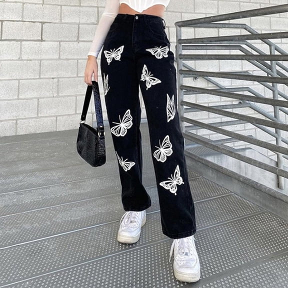 High Waisted Jeans For Women Straight Leg Butterfly Print Stretch Denim Pants Fashion Lightweight Travel Long Jeans With Pocket Black L