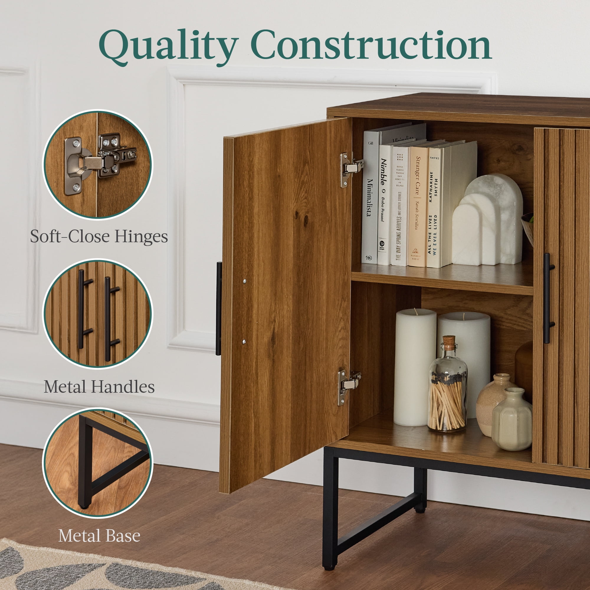 Best Choice Products 2-Door Slatted   Storage Cabinet, Accent Furniture w/ Non-Scratch Foot Pads - Brown