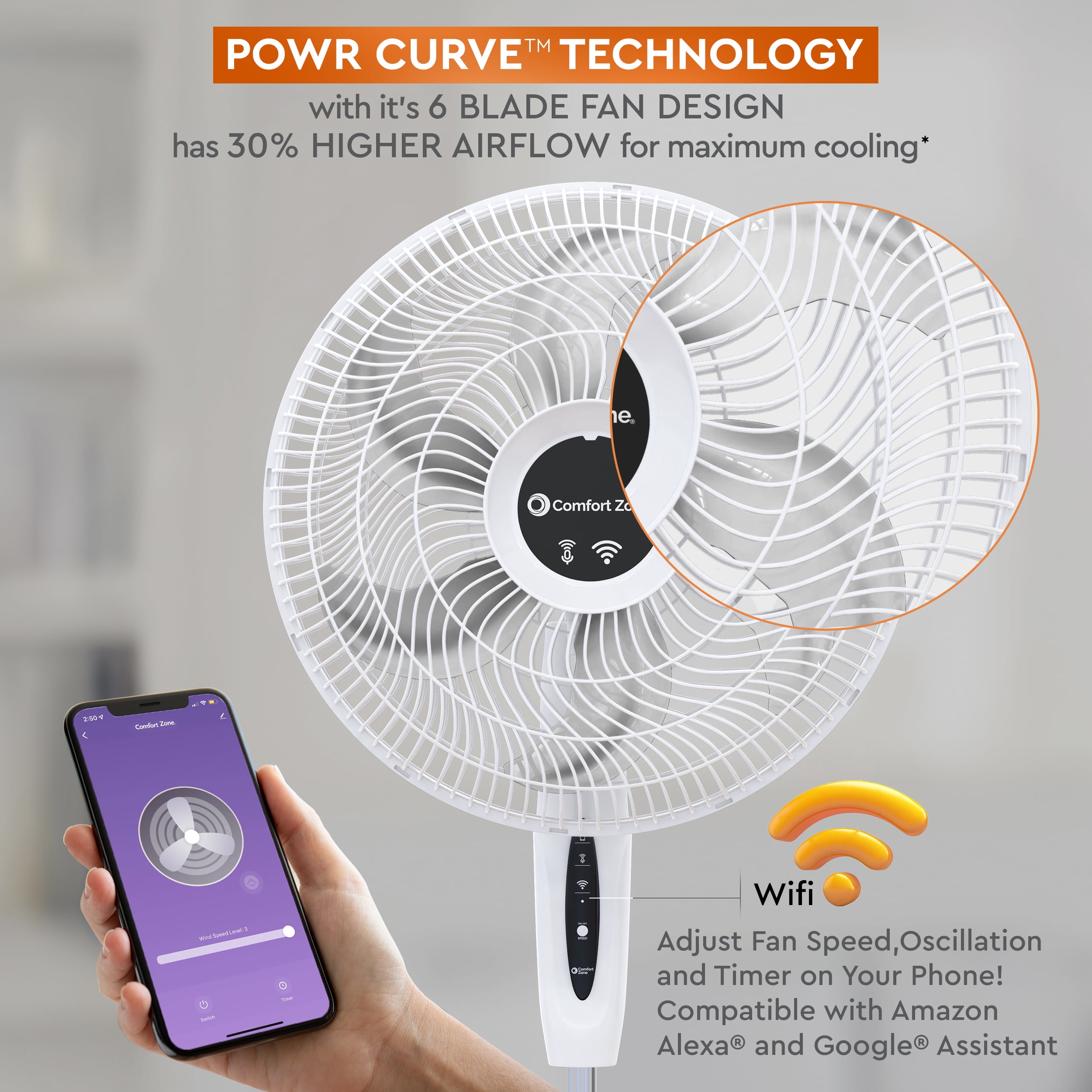 Comfort Zone 18" Smart Wi-Fi Oscillating Stand Fan, White