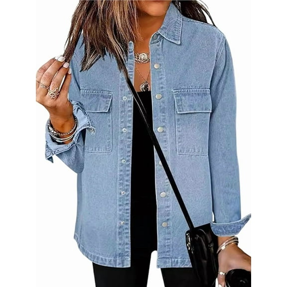 Women'S Oversized Denim Jacket Casual Long Sleeve Denim Shirts Distresse Jean Jacket Fall Outfits Light Blue XL
