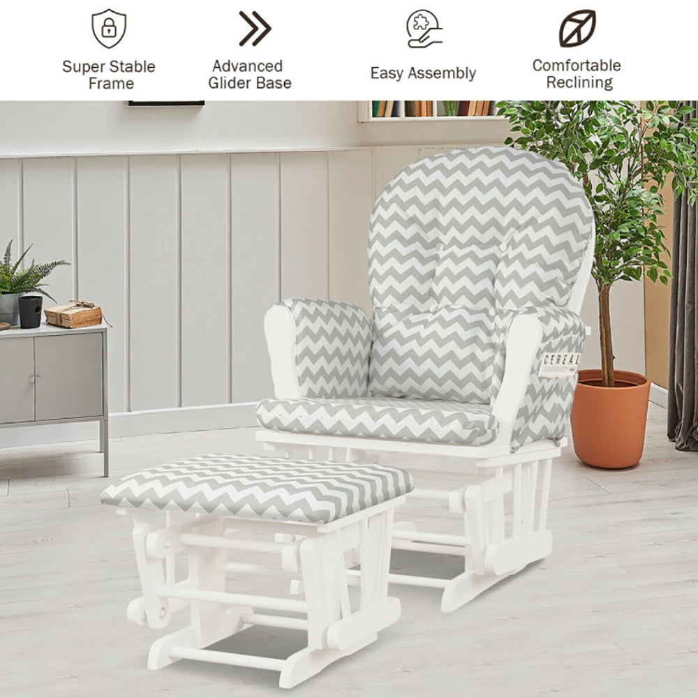Finihen Glider and Ottoman Cushion Set, Wooden Rocking Nursery Chair with Cushioned Armrests Detachable Cushion, Upholstered Glider with Nursing Ottoman, for Napping, Nursing, Reading, Gray and White Finihen Glider and Ottoman Cushion Set, Wooden Rocking Nursery Chair with Cushioned Armrests Detachable Cushion, Upholstered Glider with Nursing Ottoman, for Napping, Nursing, Reading, Gray and White