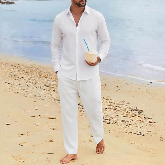 LEKWK Mens Linen Sets Lightweight 2 Piece Lounge Set Button Down Long Sleeve Shirt and Relaxed Pants Matching Outfits for Beach Vacation Travel