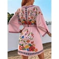 thumbnail image 5 of Women'S V-Neck Floral Print Bell Sleeve Elastic Waist Dress Casual Mini Dress Pink S, 5 of 9