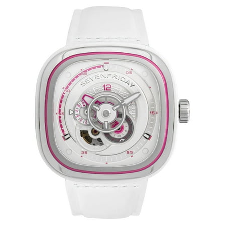 SEVENFRIDAY P-Series Beach Club Automatic Stainless Steel White/Silver Dial White Leather Strap Unisex Watch P3C/12