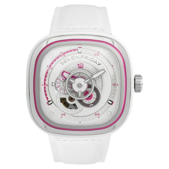 SEVENFRIDAY P-Series Beach Club Automatic Stainless Steel White/Silver Dial White Leather Strap Unisex Watch P3C/12