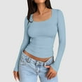 thumbnail image 2 of Arlun Womens Casual Long Sleeve T Shirts Stretch Square Neck Y2k Tops Slim Fit Solid Color Soft Comfy Going out Fall Fashion Pullovers 2025 Blue S, 2 of 5