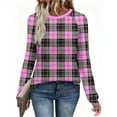 thumbnail image 5 of NuoCaiYun Womens Fashion Long Sleeve Shirt Plaid Print T-Shirt Casual Round Neck Lightweight Casual Tops, 5 of 6