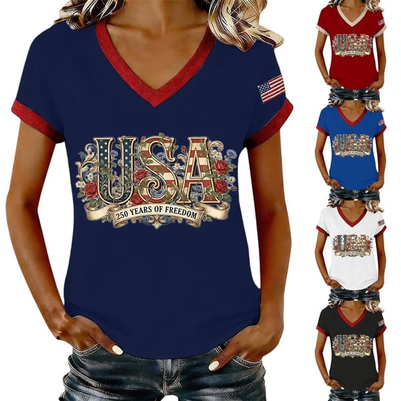 YVNAURA Womens 250th Anniversary V Neck T Shirt America 250 Patriotic Tee 1776-2026 USA Flag Graphic Top Classic Fit Casual Summer Shirt for 4th of July Every Day Pride, Dark Blue, L