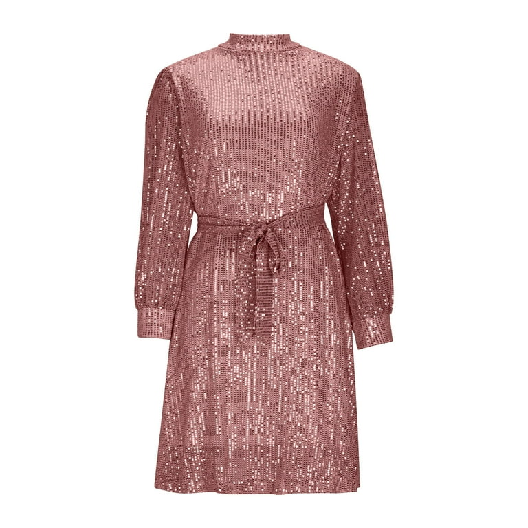 Oplxuo Women Glitter Sequin Dress Loose Mock Neck Long Sleeve Evening Dress  Fashion Waist Tie Cocktail Party Club Dresses - Walmart.com