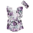 thumbnail image 2 of Styles I Love Infant Baby Girls Ruffle Sleeves Flower Printed Cross Open Back Sunsuit Romper and Headband 2 pcs Summer Bodysuit Outfit (Floral Purple, 100/18-24 Months), 2 of 5