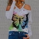 thumbnail image 2 of Moda mujer Casual manga larga fuera del hombro Halter cuello en V estampado de mariposa Top blusa Pompotops  gfhjh23000, 2 of 5