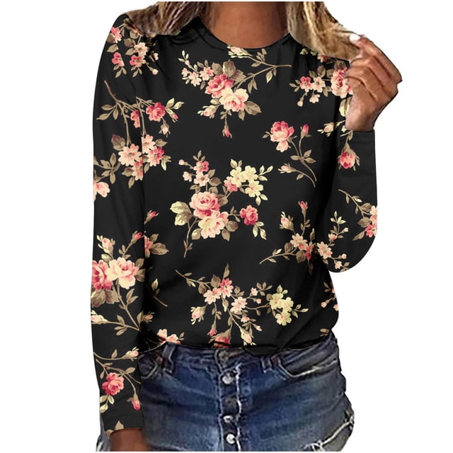 Pompotops Mode Femme Été Sexy Pli Imprimé Manches Longues Col Rond Bouton Haut en Solde