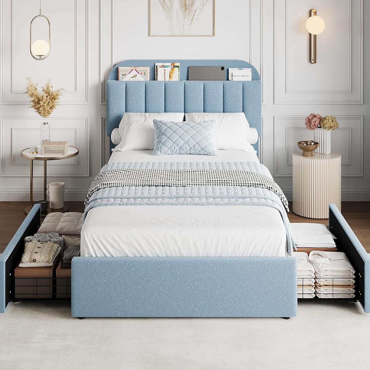 Huisuilinss Twin Size Bed Frame,Full Bed Frame With 2 Drawers,Storage Headboard,Boucle Upholstered Platform Bed Queen With Bookcase,Easy Assembly,No Box Spring Needed