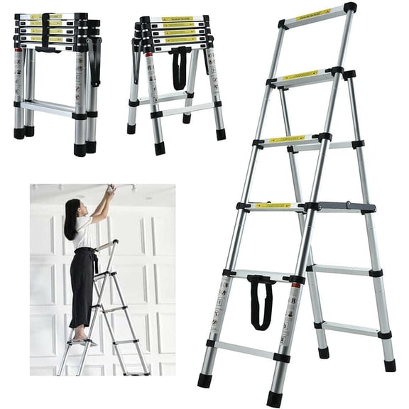Herringbone Ladder Extension Ladder 4 5 Step Ladder 4.4FT Telescopic Ladder Aluminum Ladder Folding Ladders for Home Compact Extendable Ladder for Loft Ladder Attic Ladder, 330lbs Load Capacity