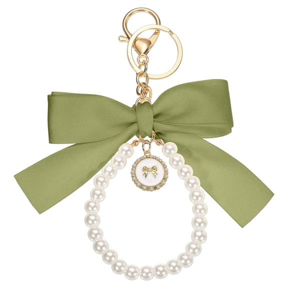 Ribbon Bow Keychain, Cute Pearl Wristlet Keychain, Bag Accessories Bow Charm, Mustard Green