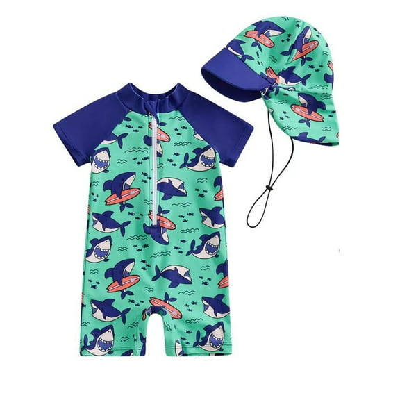 YunPes Toddler Baby Boy Swimsuit Print Long Sleeve Zip Up Rash Guard Bathing Suit Sun Hat Swimwear Bathing Suit Shorts with Top