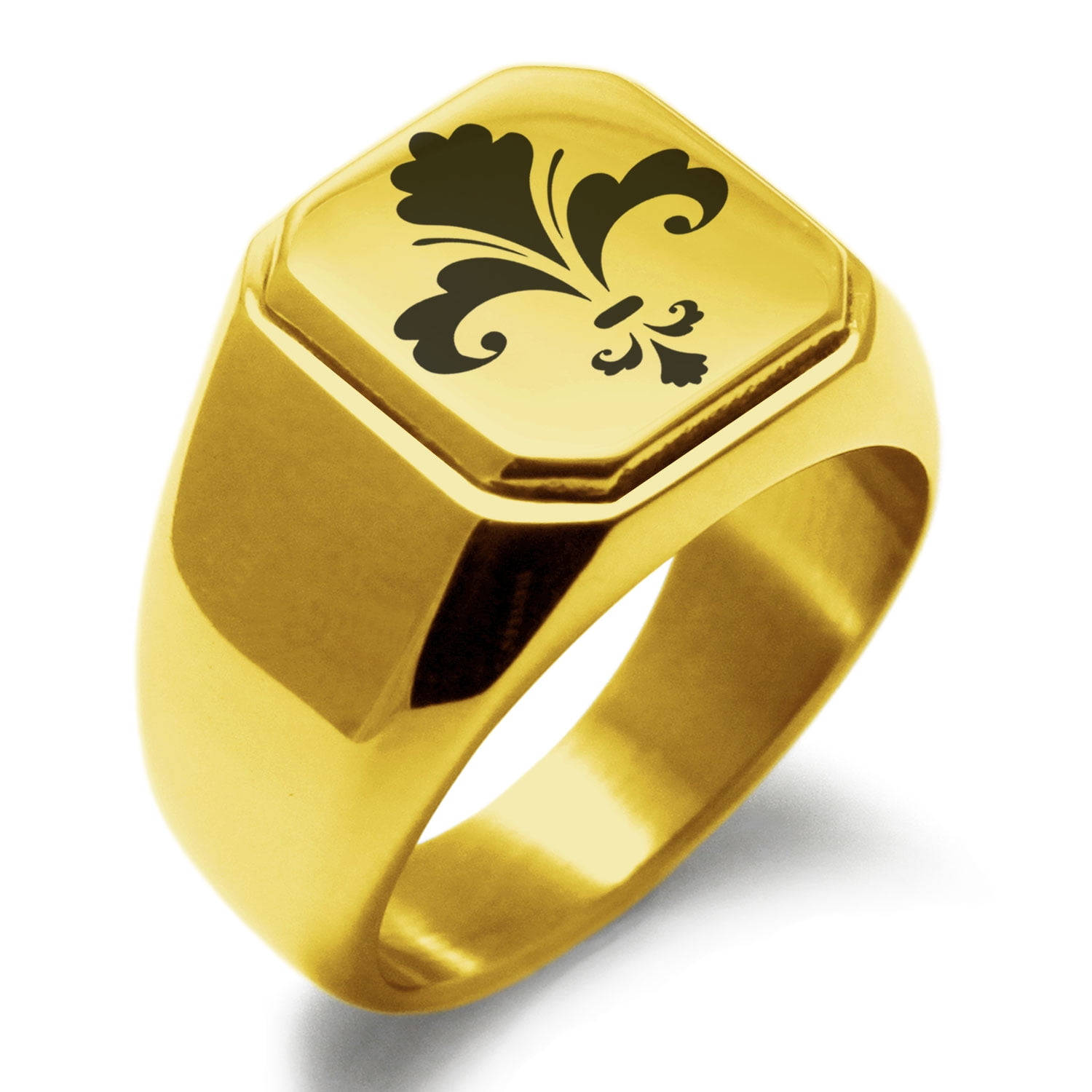 Stainless Steel Gold Color Plated Fleur De Lis Cross Square Comfort Fit Signet Ring