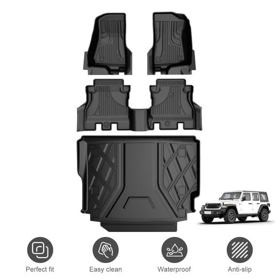 Fit for Jeep Wrangler JL 2018-2026 4 Door Sahara Rubicon without Subwoofer (Non JK or 4XE) Floor Mats & Cargo Liner All Weather TPE Full Set Car Accessorie