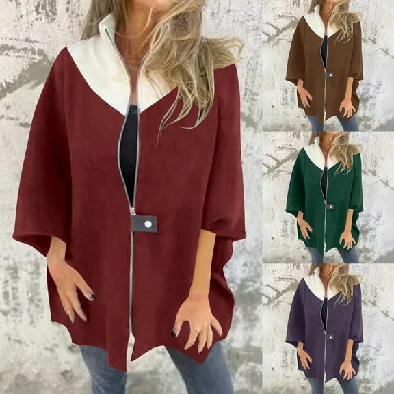 Womens Fall Fashion 2025 Winter Jackets for Women Winter Loose Casual Color Matching Jacket Zipper Stand Collar Woolen Top