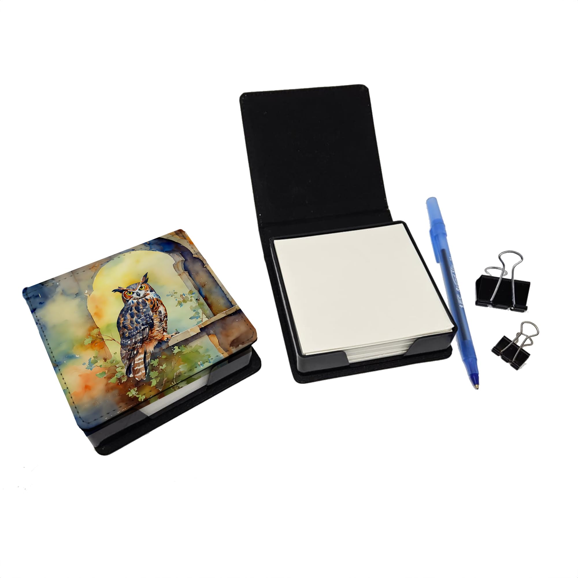 Caroline's Treasures Great Horned Owl PU Leather Note Paper Holder with Artist-Designed Cover, Desk Accessory, Office Gift