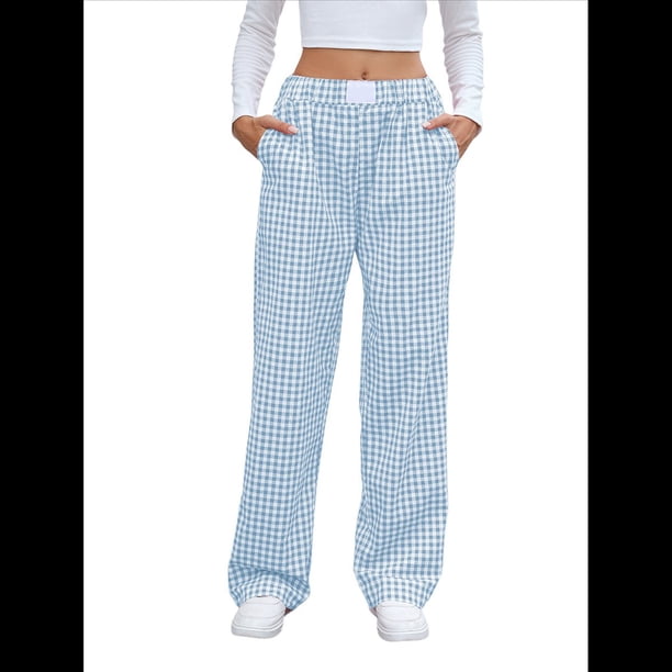 Pantalones Bóxer A Rayas para Mujer, de Algodón, para Estar en Casa, Informales, A Cuadros, Estilo Y2K, con Bolsillos Azul L