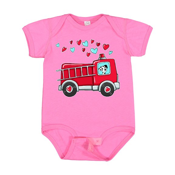 Inktastic Valentine Fire Truck with Cute Dalmatian and Hearts Boys or Girls Baby Bodysuit