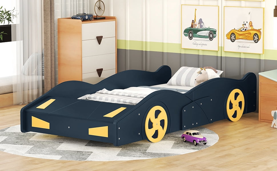 Twin Size Platform Bed with Wheels and Storage, Dark Blue+Yellow